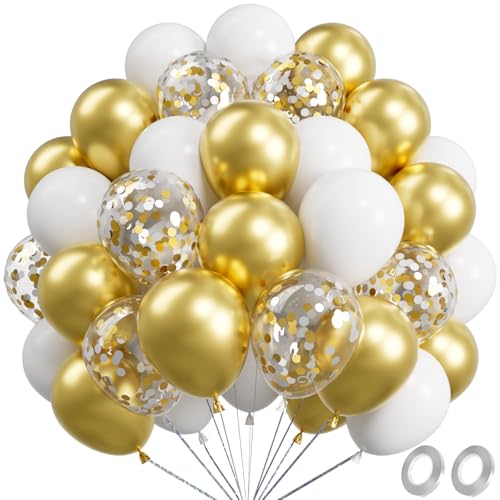 Image of Metallic Shiny Gold and White Balloons 12 Inch 67PCS White Gold Confetti Balloons Latex Helium Balloon Set for Graduation Anniversary Wedding Birthday Party Decorations