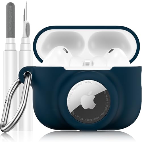 LDSXAY 2 in 1 Silicone Case Compatible with AirPods Pro 3 and AirTag 2/1 Shockproof Protective Case Cover for AirPods Pro 3rd Generation 2025 with Cleaner Kit & Carabiner (Dark Blue)