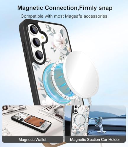 Image of VONZEE Compatible with Samsung Galaxy S25 Plus 5G Designer Case Luxury Retro Flowers Floral Clear for Magnetic Wireless Charging Case Shockproof PC+TPU Cute Glossy Shiny Cover for Girls Women, Black