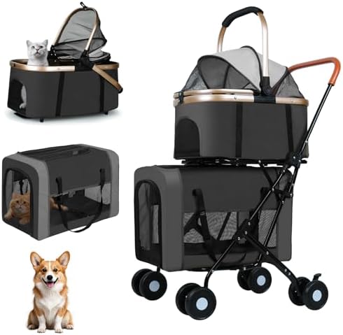 Double Pet Stroller for Dogs and Cats: Dog Stroller Foldable Travel Carriage with Detachable Carriers, Safety Belts, and 4 Lockable Wheels for Small to Medium Pets – Ideal for Multi-Pet Homes (Black)