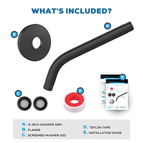 Sparkpod 9 Inch Shower Arm With Flange - Solid Stainless Steel Shower Head Extension Arm, Wall-Mounted For Fixed & Handheld Showerheads- Teflon Tape Included (Tall 9", Midnight Black Matte) #TOP4