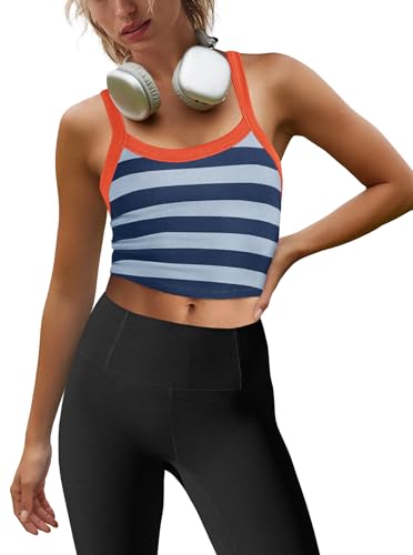 LAMISSCHE Womens Cropped Tank Tops Workout Sleeveless Striped Camisole Spaghetti Strap Athletic Gym Yoga Camis Shirt