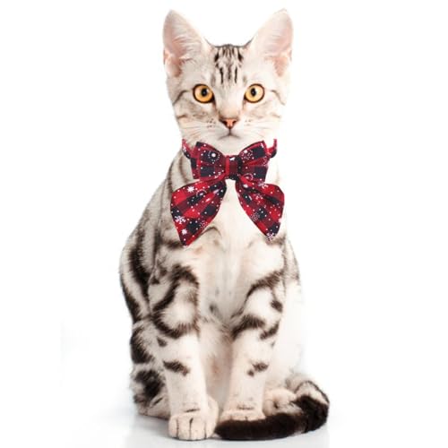 THAIN Coleiras de Natal para gatos com laço elegante, xadrez, coleira de gatinho de Natal com sino,