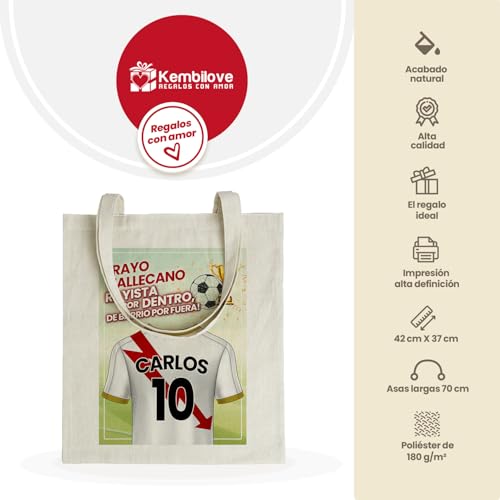 Kembilove® Taza + Bolsa Personalizada de Fútbol | Diseño Rayista “Rayo Vallecano” con Nombre y Número | Regalo Original para Niños, Niñas y Adultos Aficionados al Fútbol