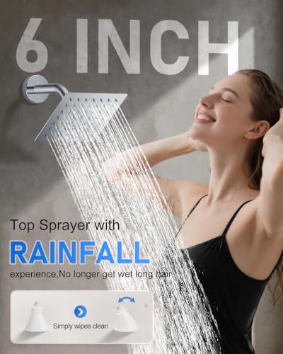 Image of Woindo 4 Function Shower Faucet Set 12 inch Rain Shower Head /6'' Side Shower Head and 3 Setting Handheld Ceiling Mount Push Button Diverter Complete Rainfall Round Shower System Included Valve Trim Kit