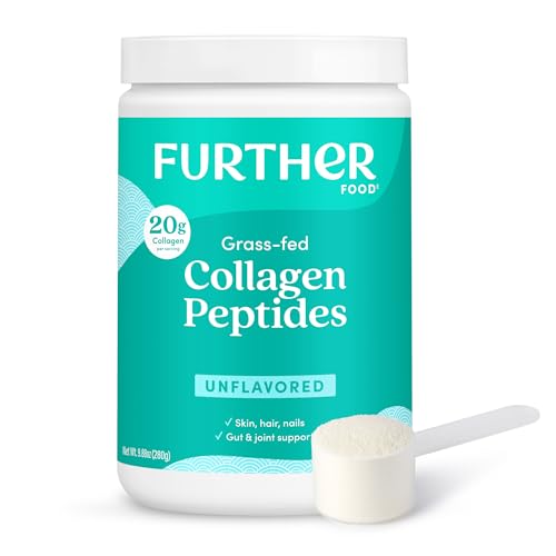 Further Food Unflavored Collagen Peptides Powder – 100% Grass-Fed, Hydrolyzed Type 1 & 3, 20g of Collagen per Serving, Supports Skin, Hair, Nails & Joints, 9.88 Oz