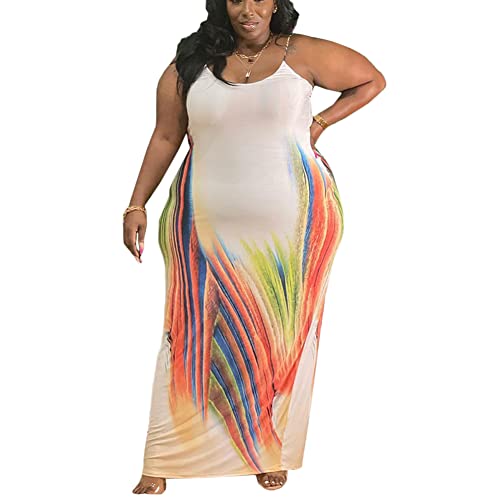 Image of BFFBABY Womens Summer Suspender Maxi Dress Plus Size Striped Printed Sleeveless with Pockets and Belt