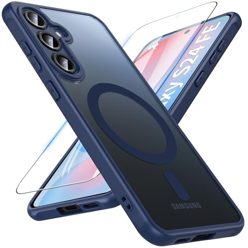 Image of OWKEY for Samsung Galaxy S24 FE Case 6.7'', Magnetic Galaxy S24 FE Case for Magsafe with Tempered Screen Protector [Shockproof Military] Translucent Matte Bumper Phone Cover Samsung S24 FE 5G, Blue