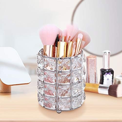 XCOZU Makeup Brush Holder, Crystal Makeup Brush Pot Round Make Up Brush Holder Organiser, Pots for Makeup Brushes Pen Eyebrow Pencil Holder Cosmetic Storage Container Silver
