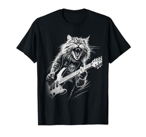 Rock Chat avec Guitare Motif drôle de Chat Homme Femme T-Shirt