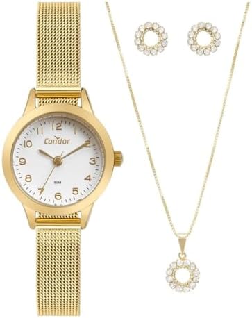Relógio de Pulso Feminino Condor Dourado + Colar e Brincos CO2035...
