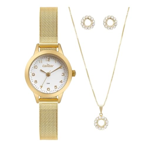 Relógio de Pulso Feminino Condor Dourado + Colar e Brincos CO2035MZS/K4X