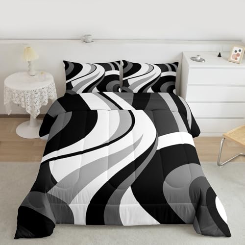 Gray Black White Spiral Twin Comforter Set for Adult Women Men Modern Swirls Stripes Abstract Bedding Set for Minimalists Boho Aesthetic Geometric Bed Sets Graffiti Art Lines Quilt Sets