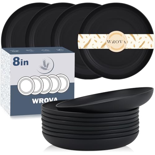 Wrova Dinner Plate Sets of 8 - Unbreakable Plastic Plates Reusable 8 Inch,Dishwasher & Microwave Safe Plates - Lightweight Dinner Plates (Pure Black)