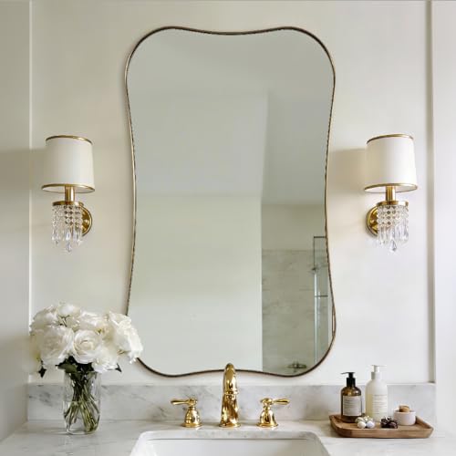 ANDY STAR Brushed Gold Mirror 24x40 Inch, Scalloped Brass Bathroom