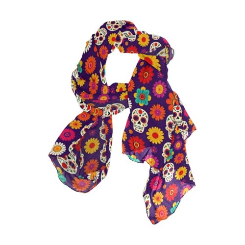 BCFHRGT Écharpe en soie motif têtes de mort et fleurs 177,8 x 89,9 cm funky pour femme pour le printemps bufandas para mujer para frio