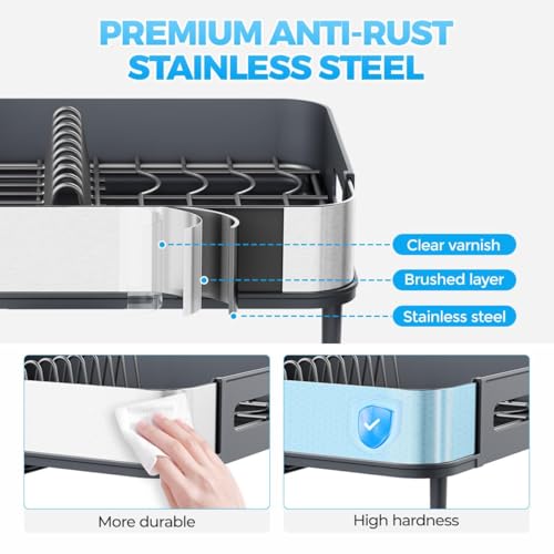 Image of Favria Dish Drying Rack - Space-Saving Dish Rack for Kitchen Counter, Anti Rust Kitchen Drying Rack, Compact Dish Drainer Organizer with Utensils Holder (47 x 32 x 16 cm) (Stainless Steel Grey)