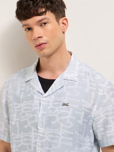 Image of THE BEAR HOUSE Men's Blue Tailored Fit Full Sleeve Cotton Printed Shirt