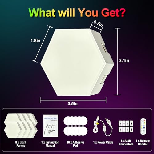 Image of Hexagon LED Light Panel, 8 Pack Smart APP and Remote RGB Wall Lamp with Cool Music Sync for Gaming Room Bedroom