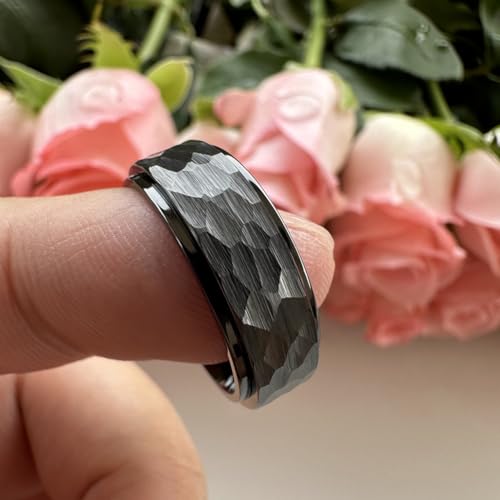 8mm Silver/Black/Gold Spinner Tungsten Titanium Fidget Rings for Men Women Anxiety Released Hammered Design Engagement Wedding Band Stepped Edges Comfort Fit4