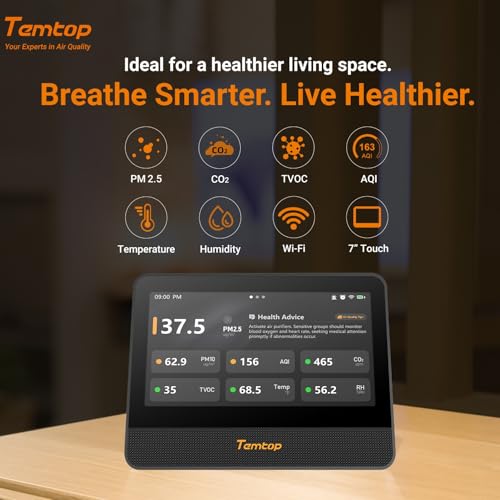 Image of Temtop WiFi Air Quality Monitor M100 2nd Gen, 7 Inch Touchscreen CO2 Detector & Air Quality Tester for PM2.5 PM10 TVOC Temperature Humidity, Air Analyzer for Home Office with LoRa Extension