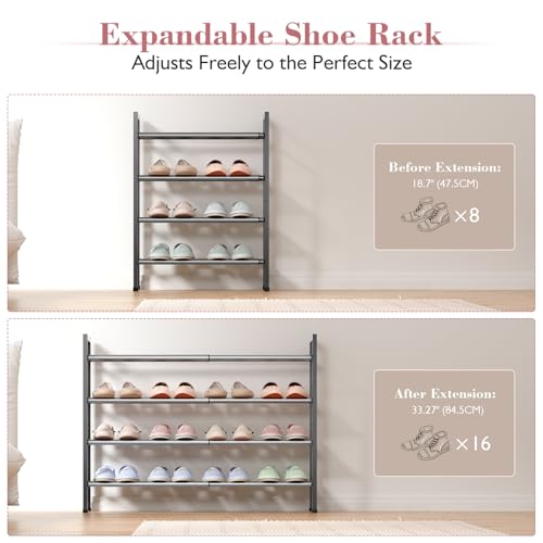Image of Bumusty 4-Tier Expandable Shoe Rack for Closet, 18 inch-33 inch Adjustable Shoe Rack for Small Space, Small Shoe Organizer for Front Door, Sturdy Metal, Gray