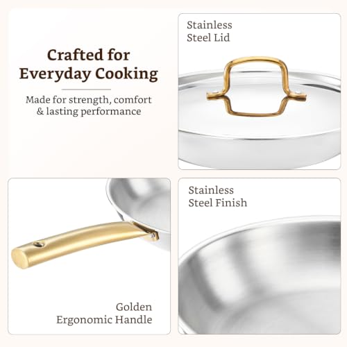 Image of Amazon Brand - Solimo Premium Triply Stainless Steel Frypan with Lid 24cm (1.7L) | Even Heating | Gas & Induction Compatible | SS 304 Food-Grade | Dishwasher Safe |Elegant Golden Handles |BIS Certified
