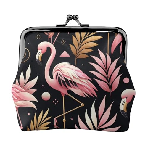 Pu Leather Buckle Coin Purse Black-Leaf-Flamingos Girls Kiss-Lock Change Purse Wallets