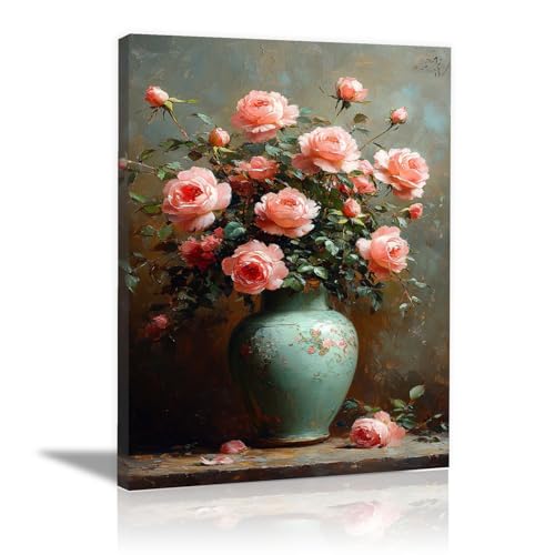 Paysage de montagne traditionnel avec roses pivoines encadré