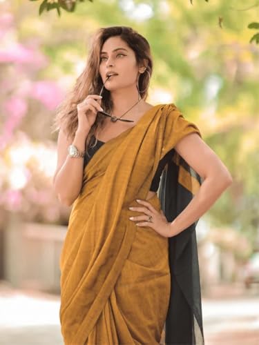 Image of Women's Cotton Woven Soft Sarees With Attach Blouse Piece.