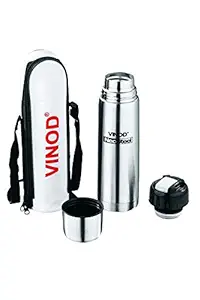 Vinod Bullet Stainless Steel Bottle 1000 ml| Stainless Steel Hot and Cold Flask| Double Wall Insulated Stainless Steel Flip Lid Flask with Jacket- Silver