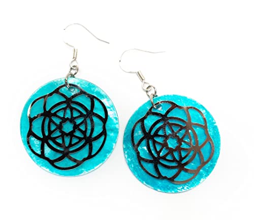 Kimaya Bijoux Pendientes artesanales nácar azul turquesa sequin Mandala Ganchos plata 925, Minerales, Mother of Pearl Cover