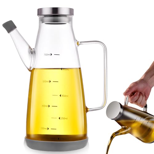 Botella de aceite: botella de aceite de oliva de 750 ml, botella de aceite de vidrio con mango antideslizante, dispensador de aceite con base de silicona antideslizante, botella de aceite de oliva sin