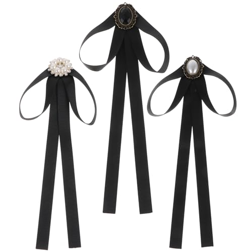 PRETYZOOM 3pcs Japanese Ladies Party Long Pre Bow Ties with Pearl Black Neckties Bowties Female Ribbon for Women Ties