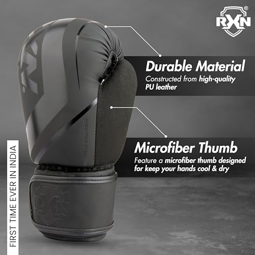 Image of RXN R1 Boxing Gloves with Microfiber Thumb, Premium, High-Performance & Durable for Men, Women & Kids, Training, Kickboxing, Taekwondo, MMA, Muay Thai & Martial Arts (Black, 8oz)