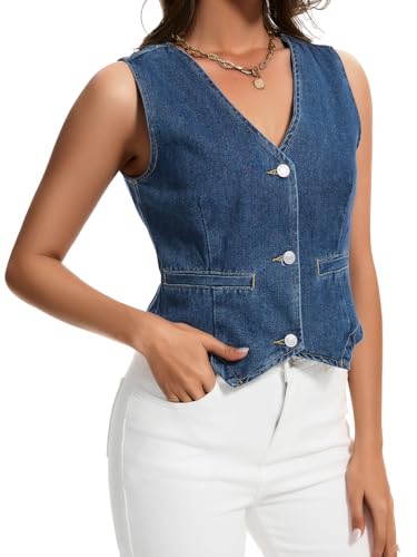 Womens Denim Vest Sleeveless V Neck Button Down Jean Jacket Y2K Summer Crop Tops
