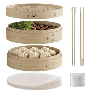 Prime Home Direct Bamboo Steamer Basket 12-Inch | 2-Tier Steamer for Cooking | 50 Liners, Chopsticks, Sauce Dish | Steaming Asian Food, Bao Buns, Chinese, Dim Sum, Dumpling, Rice, Vegetable Steam Pot