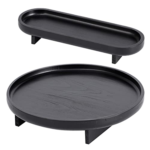Ferahi Decorative Trays For Home Decor, 2 Pcs Black Tray For Coffee Table, Round Wood Serving Tray, Bathroom Vanity Tray For Countertop, Wood Riser For Kitchen, Tray Decor, Modern Farmhouse Decor #TOP4