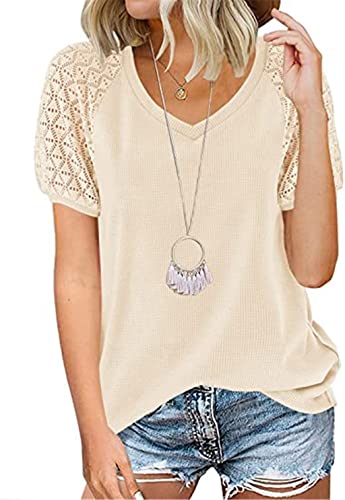 MQYXGS Mujer Camisa de Encaje Manga Corta Patchwork Top Talla Camisa Cuello en V Parte Superior Sencilla Suelta Elegante Blusas Verano Waffle Túnica Top Camiseta Beige Negro Café Verde Gris Rosa S M L