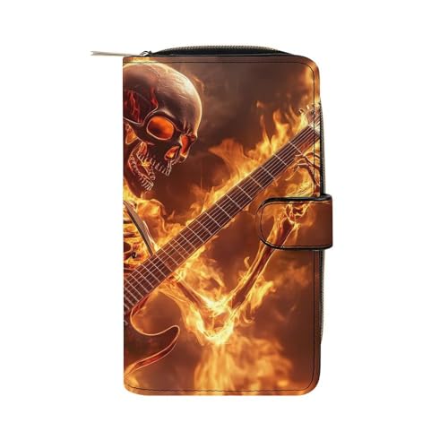 Human Skeleton Playing Guitar in Fire Long Wallet PU Leather Credit Card Holder Durable Zippered Purse Clutch Wallet