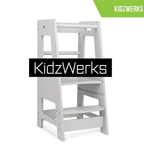 KidzWerks Child Standing Tower - Grey Child Kitchen Step Stool with Adjustable Standing Platform - Wooden Montessori Standing Tower - Kid's Step Stool