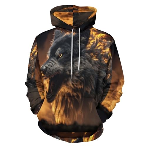 Sweat à capuche loup féroce unisexe pull animal de feu bronze avec poches