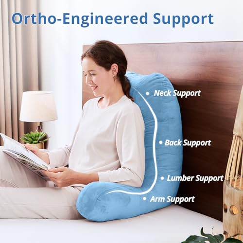 Image of Sasttie Reading Pillow for Bed, Back Pillow for Sitting Up, Blue | 25 inch Backrest Support Cushion for Couch, Sofa, and Floor, Dorm Essentials, OEKO-TEX, Adjustable Down Alternative Fill