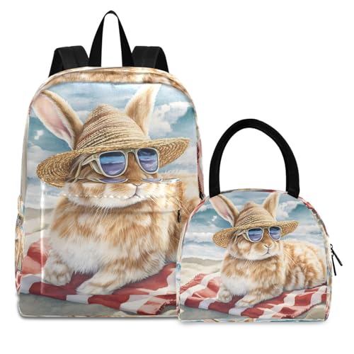 Backpack Lunch Box Set Large Capacity Travel Backpacks and Insulated Lunch Bag for Commute Hiking Picnic Rabbit on Beach Print