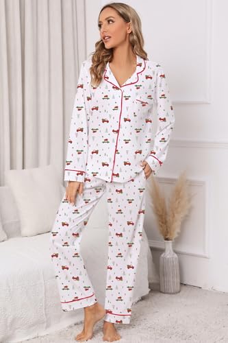 Image of LUBOT Christmas Pajamas for Women 100% Cotton Pajama 2 Piece PJ Set Soft Long Sleeve Button Xmas Print Loungewear XS-XXL