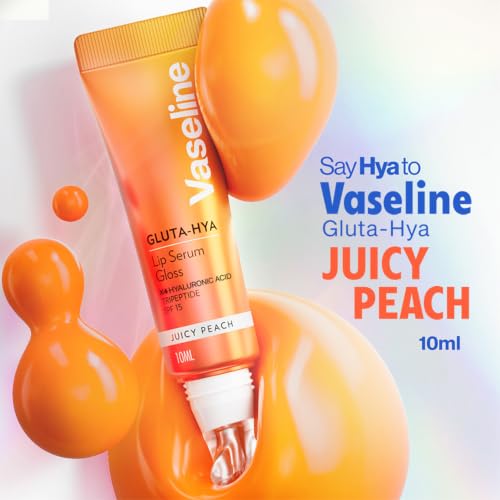 Image of Vaseline Gluta-Hya Juicy Peach Lip Gloss, Serum Lip Care with Hyaluronic Acid and GlutaGlow Technology, Tints, Plumps and Protects with SPF15 for Plumper Lips | 10 ml