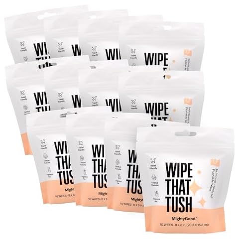 MightyGood. Wipe That Tush Travel Flushable Wipes Individually Wrapped (10 Count (Pack of 12)) Cover
