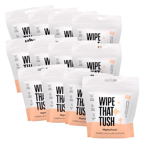 Image of Wipe That Tush On-The-Go Flushable Wipes Bulk Pack - 12 Packs of 10 Individually Wrapped Travel Wipes, 120 Total - Fragrance Free - Hypoallergenic With Aloe & Vitamin E - Septic Safe