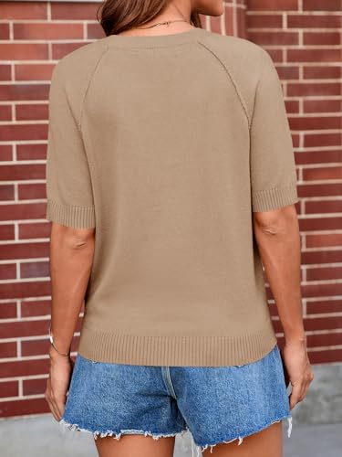 Cicy Bell Womens Short Sleeve Sweaters Crewneck Knit Tops Casual Loose Fit Dressy Pullovers Shirts Khaki — view 4