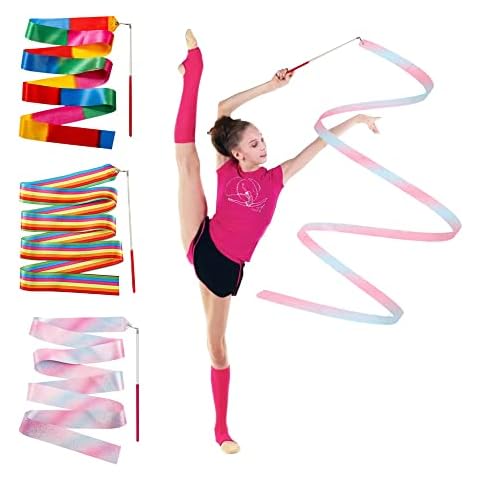 3 Pcs Dancing Ribbons for Children 2M Rhythmic Gymnastic Ribbon Wand Rainbow Dancer Ribbon Sticks Colorful Ribbon Streamers with 30cm Rod for Gym,Circus Training,Kids Artistic Dancing,Birthday Party Cover